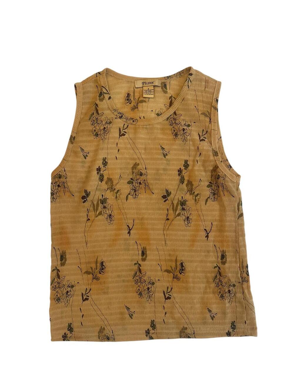 Y2K Plissé Beige Floral Textured Tank Top – Size Small